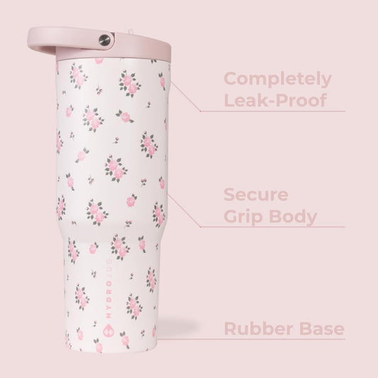 HydroJug Sport - Stainless Steel Tumbler with Straw, Vacuum Insulated, 32oz Leakproof Water Bottle, Ergonomic Design, Reusable, Dishwasher Safe, Rubber Base, Durable for Gym or Outdoors, Wildrose
