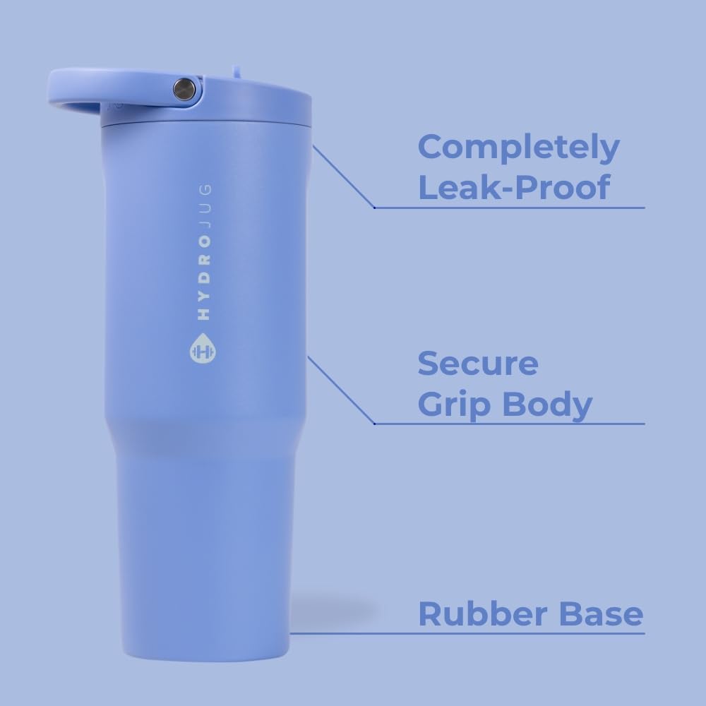 HydroJug Sport - Stainless Steel Tumbler with Straw, Vacuum Insulated, 40oz Leakproof Water Bottle, Ergonomic Design, Reusable, Dishwasher Safe, Rubber Base, Durable for Gym or Outdoors, Light Blue