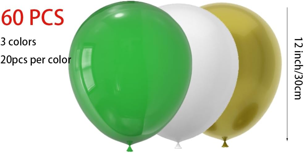 60 Pack 12 Inch Latex Balloons - Green White Gold for St. Patrick's Day, Spring Summer Decor, Birthday Graduation Wedding Baby Shower Party Supplies