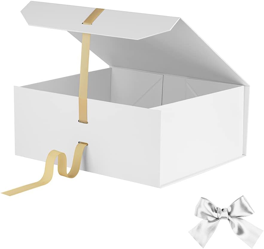 White Large Gift Box 13x11x5.3 Inches With Ribbon, Lid Magnetic Closure, Christmas, Rectangle Collapsible for Men Shoes (Matte White)