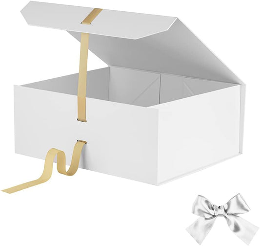 White Large Gift Box 13x11x5.3 Inches With Ribbon, Lid Magnetic Closure, Christmas, Rectangle Collapsible for Men Shoes (Matte White)