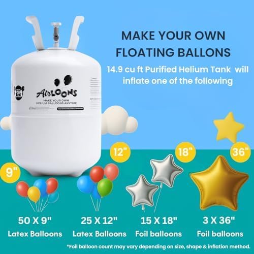 Airloons Helium Balloon Kit with 14.9 Cu Ft Tank – Includes 50 Multicolor 9 inch Latex Balloons, Ribbon & Easy to Fill Nozzle – Easy Setup for Birthdays, Weddings, Baby Showers, DIY Party Décor