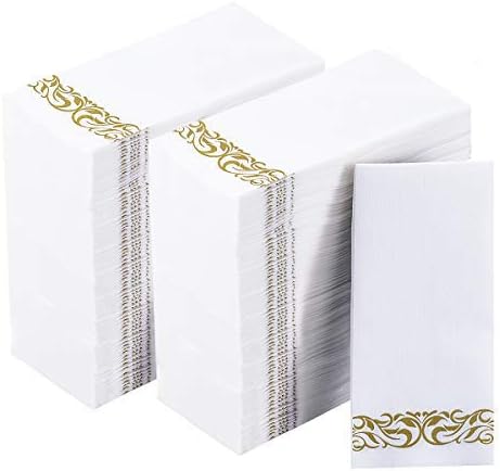 200 Disposable Hand Towels Soft and Absorbent Linen Feel Dinner Napkin Durable Decorative Bathroom Hand Napkins Good for Kitchen, Parties, Weddings, Dinners or Events White and Gold