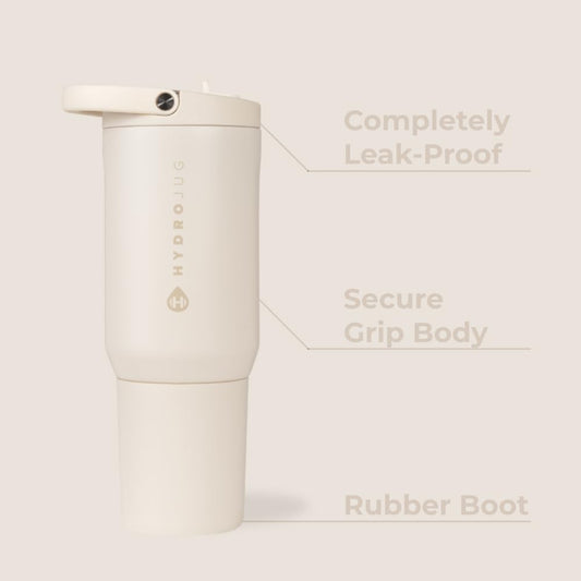 HydroJug Sport - Stainless Steel Tumbler with Straw, Vacuum Insulated, 20oz Leakproof Water Bottle, Ergonomic Design, Reusable, Dishwasher Safe, Rubber Base, Durable for Gym or Outdoors, Cream