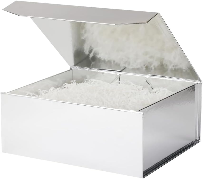 6 Pcs Silver Gift Boxes - Large 13x11x5.3 Inch - Modern Style - Magnetic Lids - Crinkle Paper - Luxury Gift Boxes for Presents