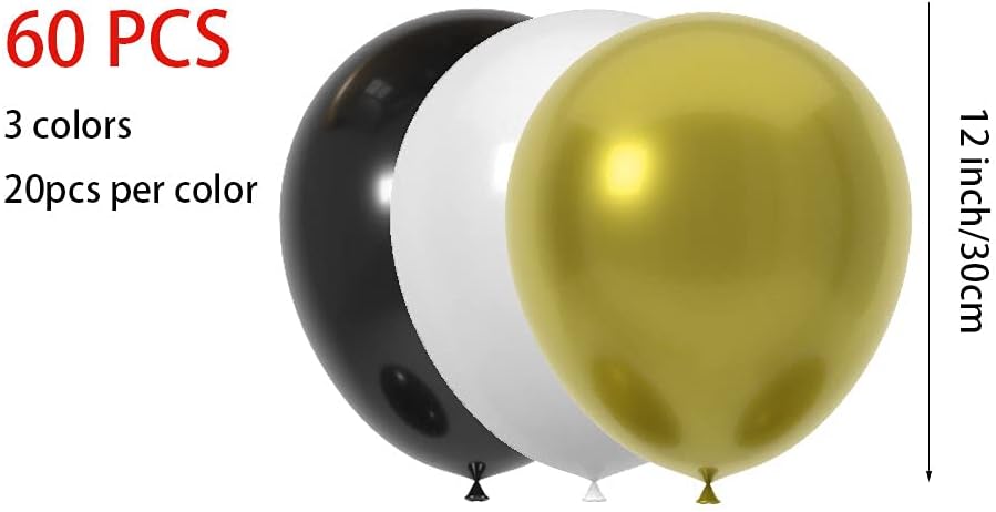 60 Pcs 12-Inch Latex Balloons in Black, White, and Gold - Perfect for Christmas, New Year, Graduation, Birthday, Baby Shower, and Wedding Party Decorations