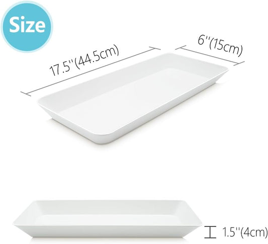 Serving Tray Platter Rectangle, 2 Pcs Long Narrow Food Tray for Veggie Fruit Snack Dessert, Plastic White Food Trays for Party Supplies Display, Rectangular Platters for Serving Food, BPA Free