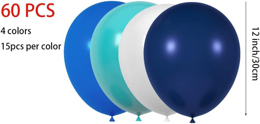 60 Count 12-Inch Navy Blue Royal Blue Teal White Latex Balloons Bulk Pack - Wedding, Birthday, Baby Shower Decorations, Party Supplies