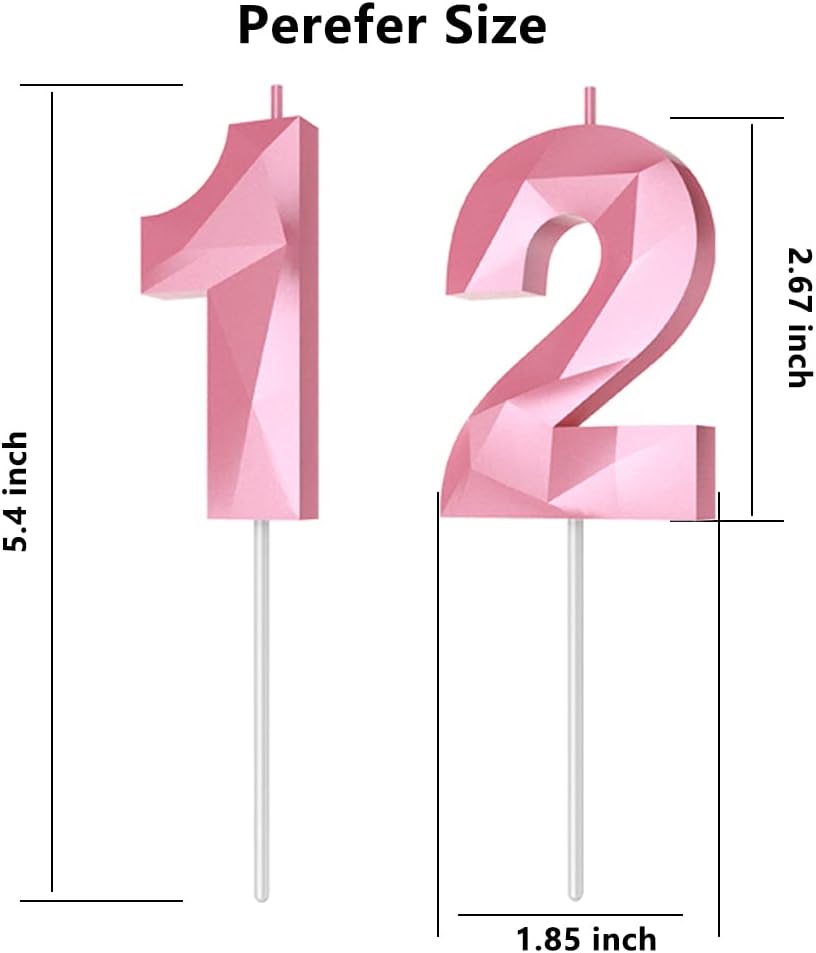 Number Birthday Candles(12 Candle Pink) 3D Diamond Shape 12th Happy Birthday Cake Topper Decorations for Girl Women Birthday Wedding Anniversary Celebration Theme Party Supplies