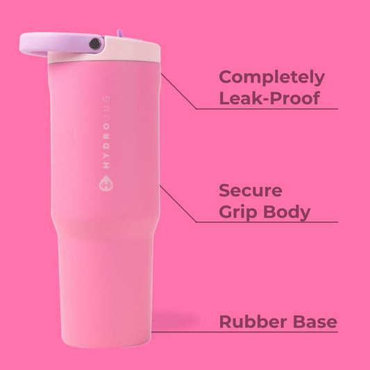 HydroJug Sport - Stainless Steel Tumbler with Straw, Vacuum Insulated, 32oz Leakproof Water Bottle, Ergonomic Design, Reusable, Dishwasher Safe, Rubber Base, Durable for Gym or Outdoors, Pink Sugar