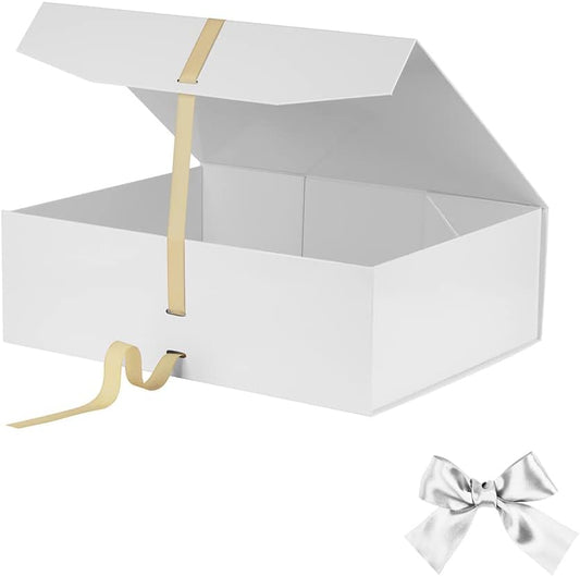 Extra Large White Gift Box 16x14x5.3 Inches With Ribbon and Lid Magnetic Closure, Groomsman Proposal Box, Rectangle Collapsible Boxes for Large Gifts (Glossy White)