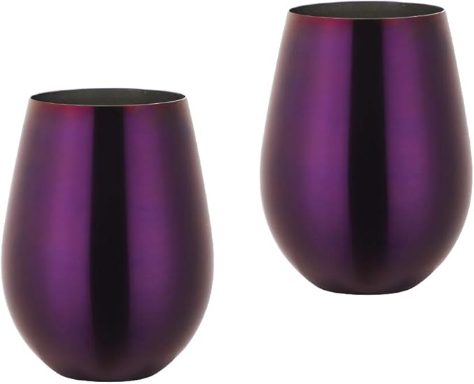 Buyer Star 304 Stainless Steel Wine Glasses Set of 2 - Large 17 oz Outdoor Stemless Wine Tumblers - 100% Unbreakable & Stemless Metal Drinking Cups for Home and Outdoors (Purple)