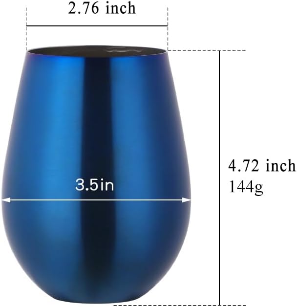 Buyer Star 304 Stainless Steel Wine Glasses Set of 4 - Large 17 oz Outdoor Stemless Wine Tumblers - 100% Unbreakable & Stemless Metal Drinking Cups for Home and Outdoors Dishwasher safe (Blue)