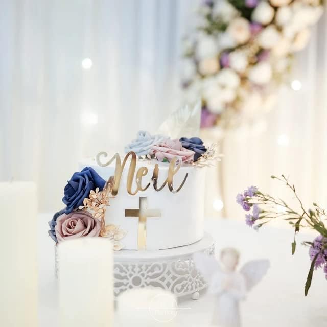 Baptism Cake Name Plate | Personalized Easter Cross Cake Toppers Confirmation Name Cake Topper First Communion Decorations Custom Cake Topper with Cross