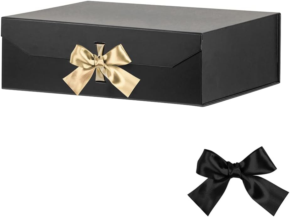 Black Extra Large Gift Box 16x14x5.3 Inches With Ribbon and Magnetic Lid Closure, Groomsman Proposal Box, Rectangle Collapsible Boxes for Large Gifts (Matte Black)