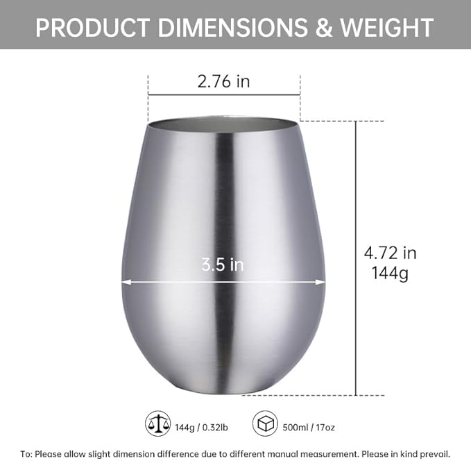 Buyer Star 304 Stainless Steel Wine Glasses Set of 4 - Large 17 oz Outdoor Stemless Wine Tumblers - 100% Unbreakable & Stemless Metal Drinking Cups for Home and Outdoors Dishwasher safe (Silver)