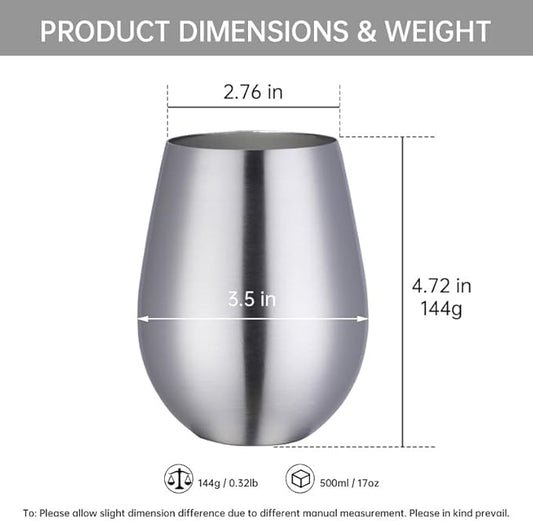 Buyer Star 304 Stainless Steel Wine Glasses Set of 4 - Large 17 oz Outdoor Stemless Wine Tumblers - 100% Unbreakable & Stemless Metal Drinking Cups for Home and Outdoors Dishwasher safe (Silver)