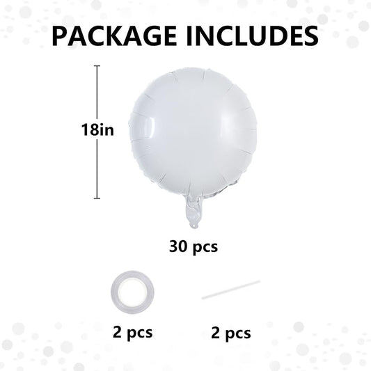 TONIFUL 30Pcs 18 Inch Large White Round Shape Foil Balloons Big White Circle Helium Mylar Ballons for Birthday Wedding Baby Shower Anniversary Engagement Party Decorations Supplies