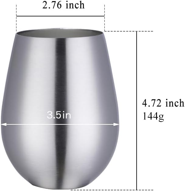 Buyer Star 304 Stainless Steel Wine Glasses Set of 2 - Large 17 oz Outdoor Stemless Wine Tumblers - 100% Unbreakable & Stemless Metal Drinking Cups for Home and Outdoors (Silver)