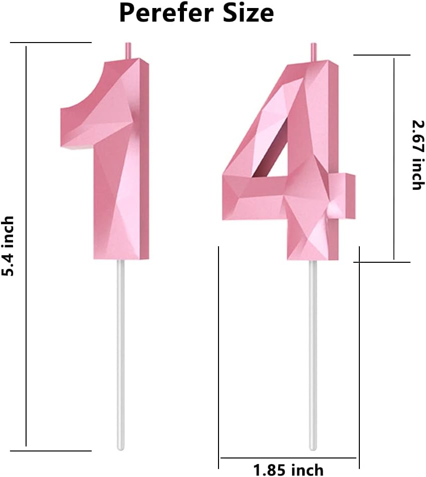 Number Birthday Candles(14 Candle Pink) 3D Diamond Shape 14th Happy Birthday Cake Topper Decorations for Girl Women Birthday Wedding Anniversary Celebration Theme Party Supplies