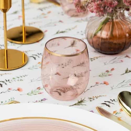 PLASTICPRO 12 Pack Rose With Gold Rim Plastic Wine Glasses Stemless Disposable 12 oz BPA Free Shatterproof Plastic Wine Cups Wine Glasses for Parties