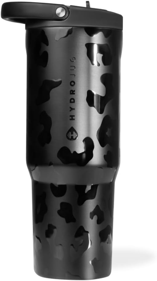 HydroJug Sport - Stainless Steel Tumbler with Straw, Vacuum Insulated, 32oz Leakproof Water Bottle, Ergonomic Design, Reusable, Dishwasher Safe, Rubber Base, Durable for Gym or Outdoors, Black Leopard