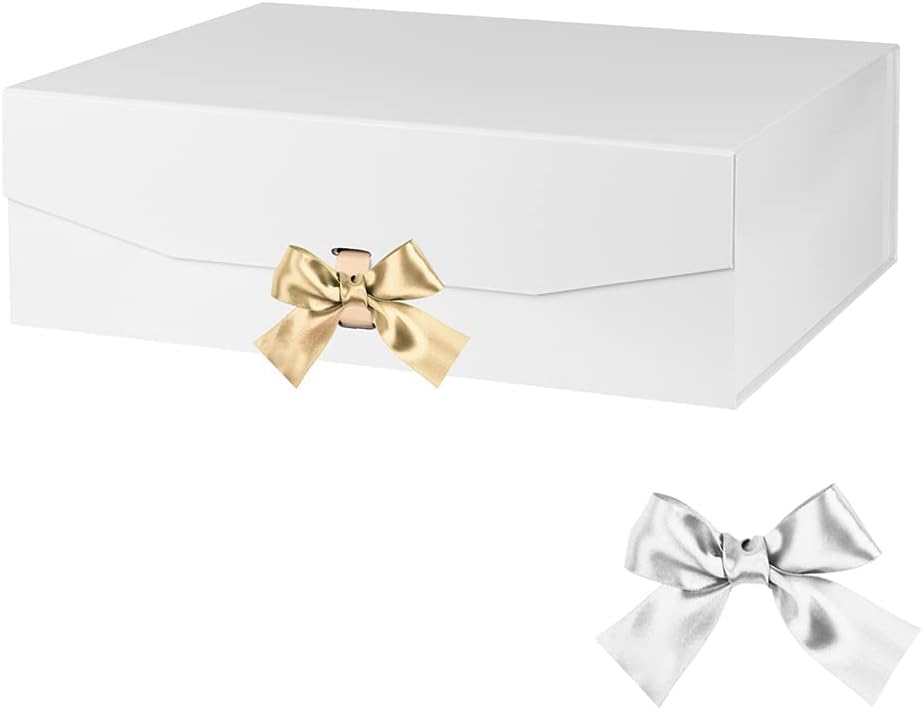 Extra Large White Gift Box 16x14x5.3 Inches With Ribbon and Lid Magnetic Closure, Groomsman Proposal Box, Rectangle Collapsible Boxes for Large Gifts (Glossy White)