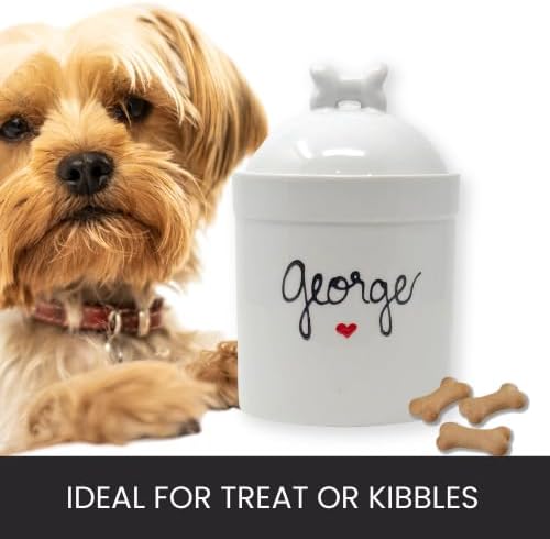 Large Size Personalized Dog Treat Jar and Canister Personalized with Name, Airtight Dog Treat Container with Silicone Seal and bone Lid, Cute Ceramic Dog Treat Jars for Kitchen Counter, White