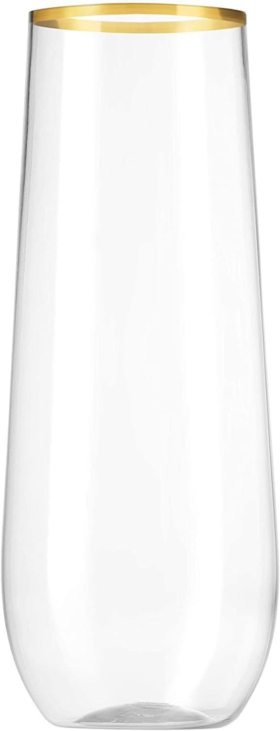 Munfix 12 Pack Stemless Plastic Champagne Flutes, Disposable 9 Oz Gold Rim Clear Plastic Toasting Glasses Shatterproof Recyclable and BPA-Free