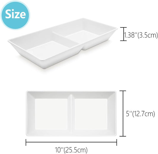 Divided Serving Tray Platter, 2 Pack 10" x 5" Fruit Veggie Food Tray for Party, Plastic Serving Trays for Appetizer, Snack, Dessert, Cookie, Brunch Decorations Platters, White Trays BPA-Free