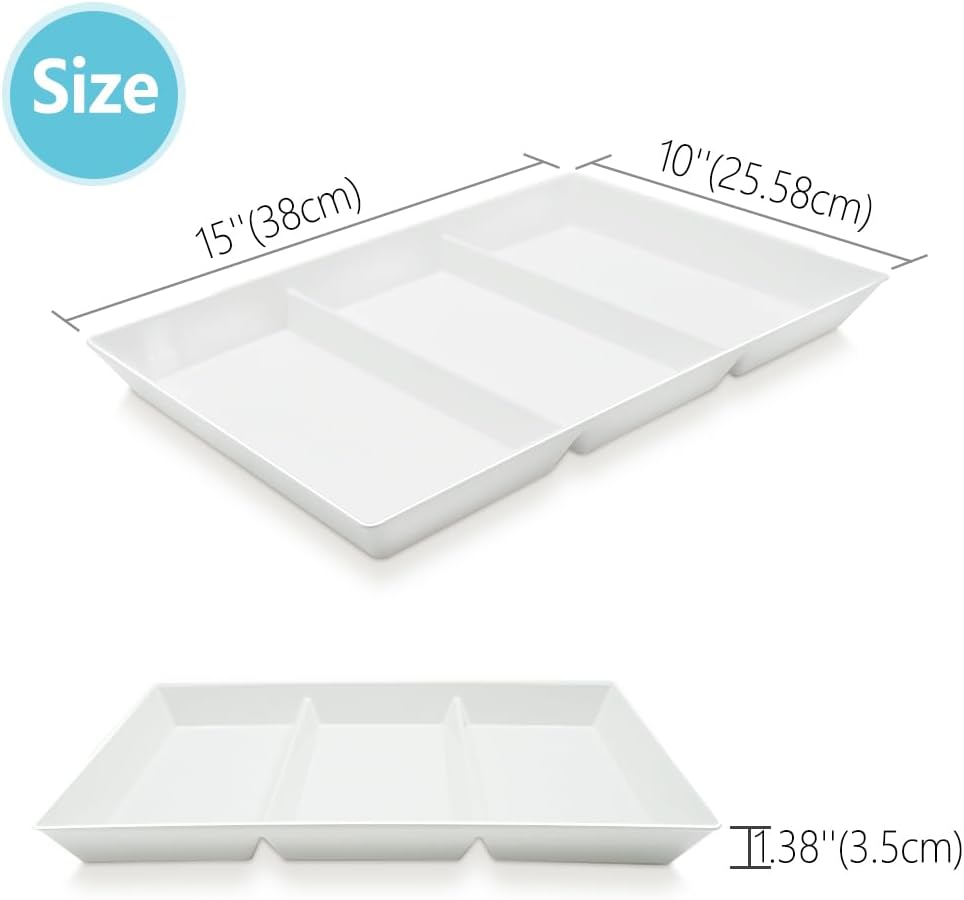 Divided Serving Tray Platter, 6 Pack 15" x 10" Fruit Veggie Food Tray for Party, Plastic Serving Trays for Appetizer, Snack, Dessert, Cookie, Brunch Decorations Platters, White Trays BPA-Free