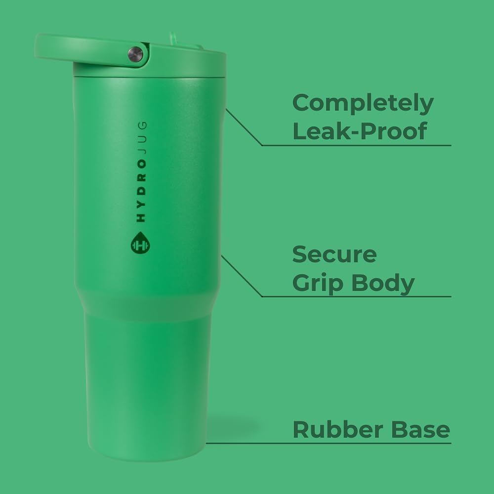 HydroJug Sport - Stainless Steel Tumbler with Straw, Vacuum Insulated, 40oz Leakproof Water Bottle, Ergonomic Design, Reusable, Dishwasher Safe, Rubber Base, Durable for Gym or Outdoors, Clover