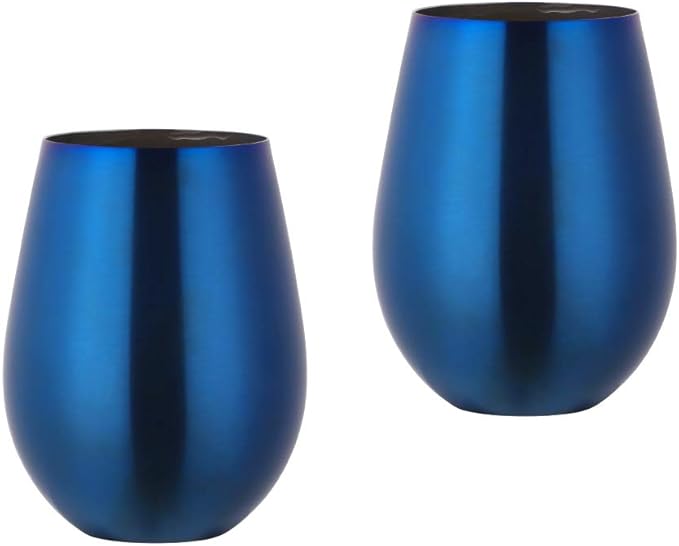 Buyer Star 304 Stainless Steel Wine Glasses Set of 2 - Large 17 oz Outdoor Stemless Wine Tumblers - 100% Unbreakable & Stemless Metal Drinking Cups for Home and Outdoors Dishwasher safe (Blue)