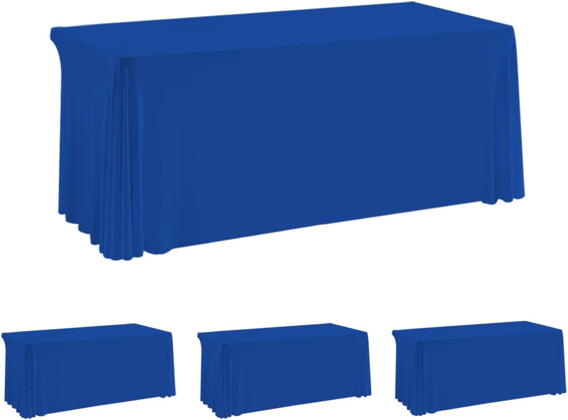 HAORUI Open Back Table Skirts, 4Pack Rectangle Wrinkle Resistant Table Clothes, Ruffles Elastic Table Cover for Banquets, Weddings, Parties (6ft Royal Blue)