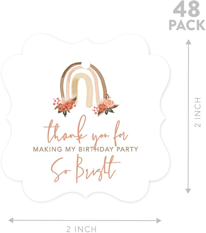 Andaz Press Fancy Frame Kids Party Favor Thank You Tags with String, 48-Pack Boho Rainbow Birthday Gift Tags for Gift Bags, Favor Bags, Goody Bags, Girls Boho Birthday, 1st Birthday Party Favors