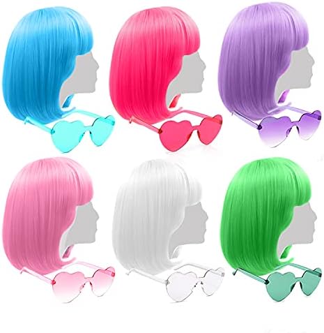 Short Bob Colors Wigs with Bangs, 6Pcs Cosplay Wig with Heart Sunglasses for Halloween Bachelor Party Decorations