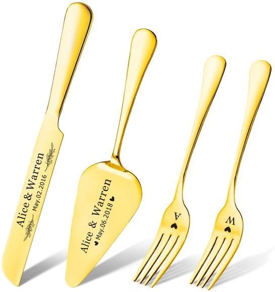 Personalized Wedding Cake Knife and Server Set, Custom Cake Cutting Set for Wedding, Gold Cake Knife Set Stainless Steel, Customized Gifts for Weddings, Engagements, Anniversaries, Birthday(Gold)