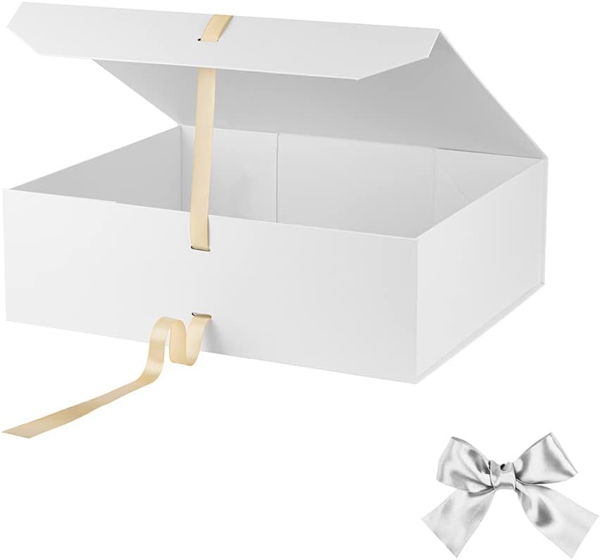 Extra Large White Gift Box 19x16x6 Inches, Gift Box with Ribbon, Gift Boxes with Lid Magnetic Closure, Groomsman Proposal Box, Rectangle Collapsible Boxes for Wedding Gown (Matte White)