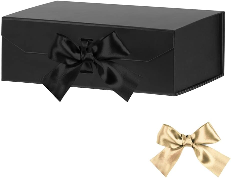 Matte Black Gift Box with Lids - 10x7.3x3.5 Inches, Decorative Groomsman Box with Ribbon, Magnetic Closure, Perfect for Graduations