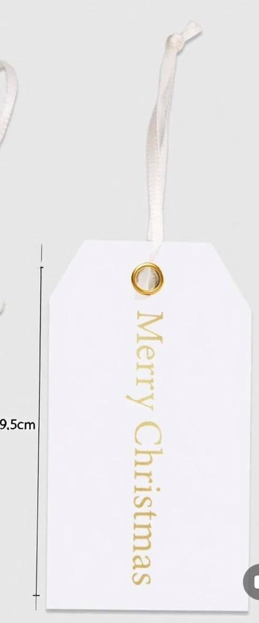 36pcs White Christmas Gifts Tags with Pre-cut Satin Strings, 3.7" X2.2" Rectangular Merry Christmas Tags Bulk, Gold Foil Letterpress Xmas Presents Name Label for Your Holiday Gift Wrapping Accessories