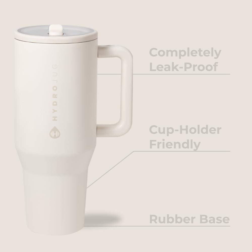 HydroJug Traveler - 32 oz Water Bottle with Handle & Flip Straw - Fits in Cup Holder, Leak Resistant Tumbler-Reusable Insulated Stainless Steel & Rubber Base - Gifts for Women & Men, Cream