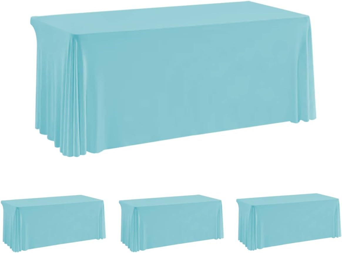 HAORUI Open Back Table Skirts, 4Pack Rectangle Wrinkle Resistant Table Clothes, Ruffles Elastic Table Cover for Banquets, Weddings, Parties (6ft Baby Blue)