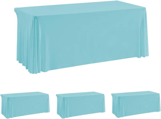 HAORUI Open Back Table Skirts, 4Pack Rectangle Wrinkle Resistant Table Clothes, Ruffles Elastic Table Cover for Banquets, Weddings, Parties (6ft Baby Blue)
