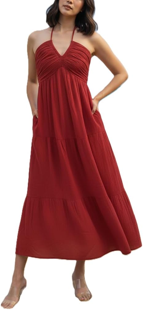 Women's Casual Halter Tiered Vacation Maxi Dress with Pockets