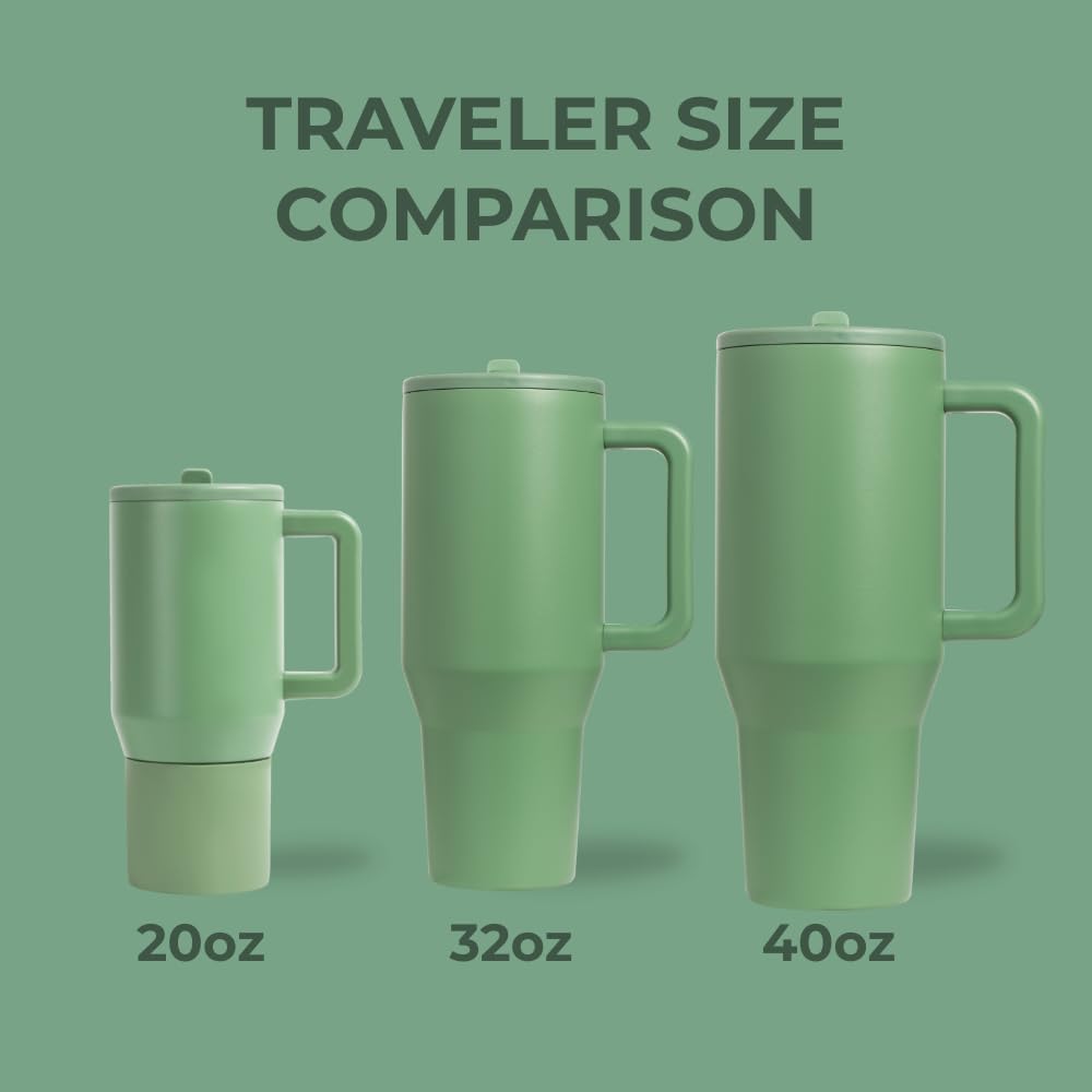 HydroJug Traveler - 40 oz Water Bottle with Handle & Flip Straw - Fits in Cup Holder, Leak Resistant Tumbler-Reusable Insulated Stainless Steel & Rubber Base - Gifts for Women & Men, Sage
