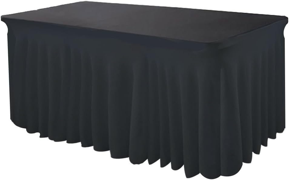 HAORUI Table Skirts, 6ft Rectangle Wrinkle Resistant Table Clothes, Ruffles Elastic Table Cover for Banquets, Weddings, Parties Black…