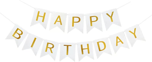 White Happy Birthday Banner - Large Gold Lettered Decor for Birthday Party, Reusable Black & Gold Party Supplies for Boys, Girls, Men, Women