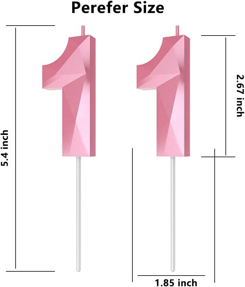 Number Birthday Candles(11 Candle Pink) 3D Diamond Shape 11th Happy Birthday Cake Topper Decorations for Girl Women Birthday Wedding Anniversary Celebration Theme Party Supplies