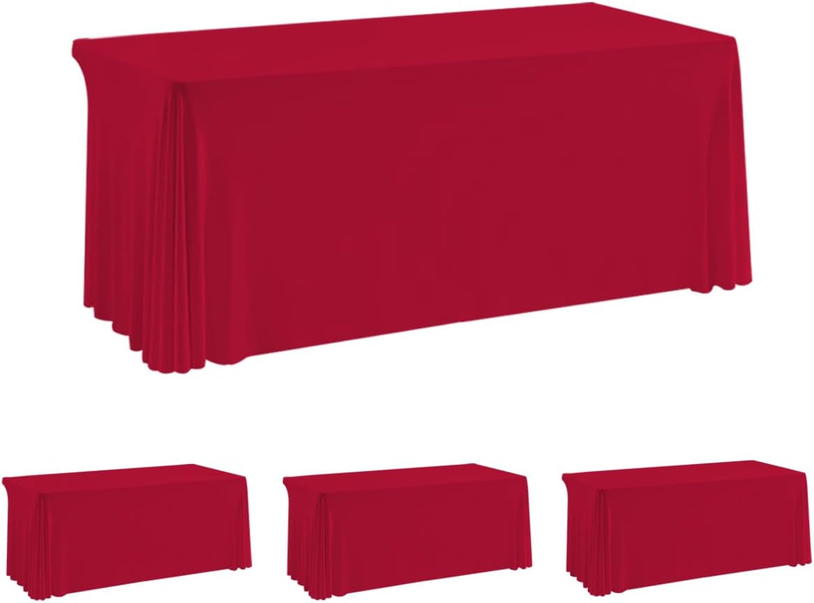 HAORUI Open Back Table Skirts, 4Pack Rectangle Wrinkle Resistant Table Clothes, Ruffles Elastic Table Cover for Banquets, Weddings, Parties (6ft Red)