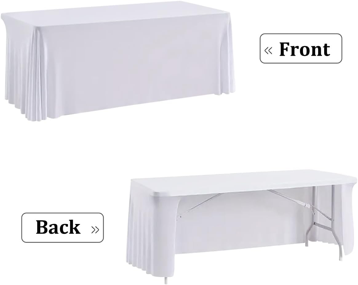 HAORUI Open Back Table Skirts, 4Pack Rectangle Wrinkle Resistant Table Clothes, Ruffles Elastic Table Cover for Banquets, Weddings, Parties (6ft White)